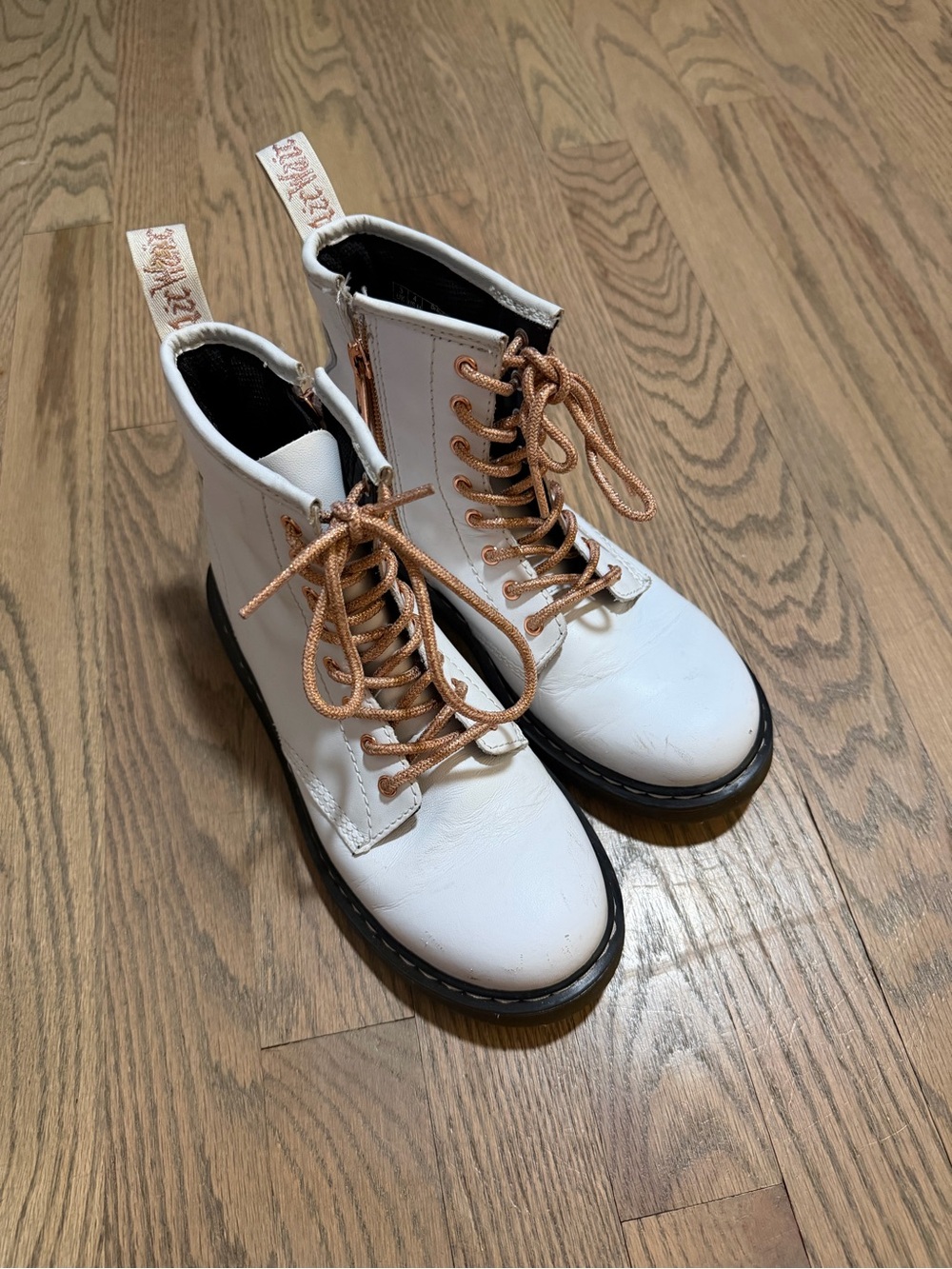Dr. Martens White Kids Combat Boots with Rose Gold Laces
